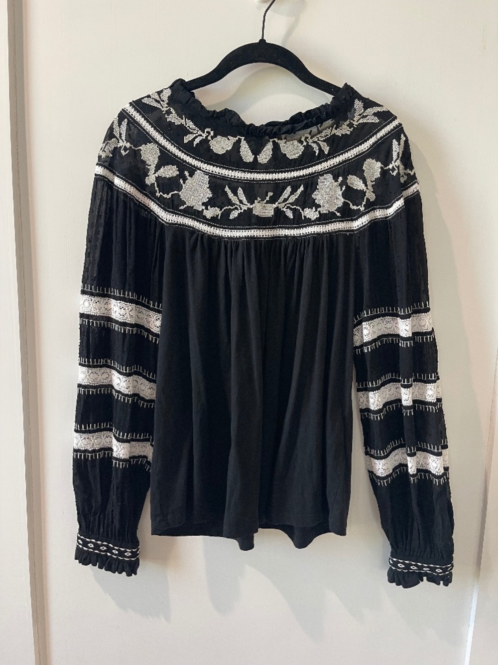 Maeve Black Blouse with White Floral Embroidery